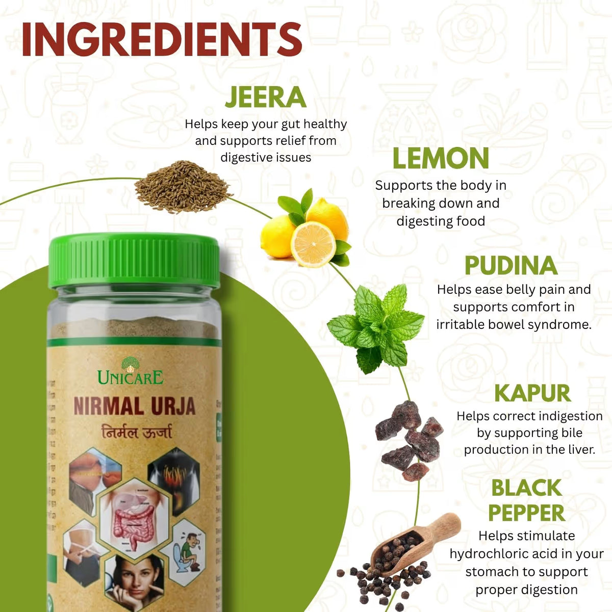 herbal ingredients in nirmal urja ayurvedic home remedy for gastric problem and bloating