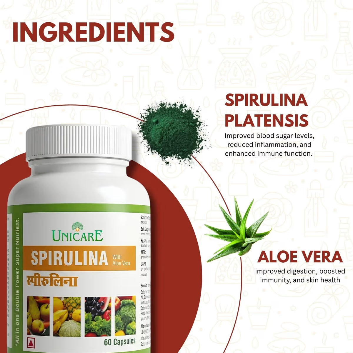 Unicare Spirulina capsules with Aloe Vera for daily nutrition