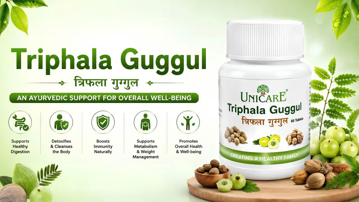 Triphala Guggul Ayurvedic tablets for digestive and bowel wellness - Information Card 1